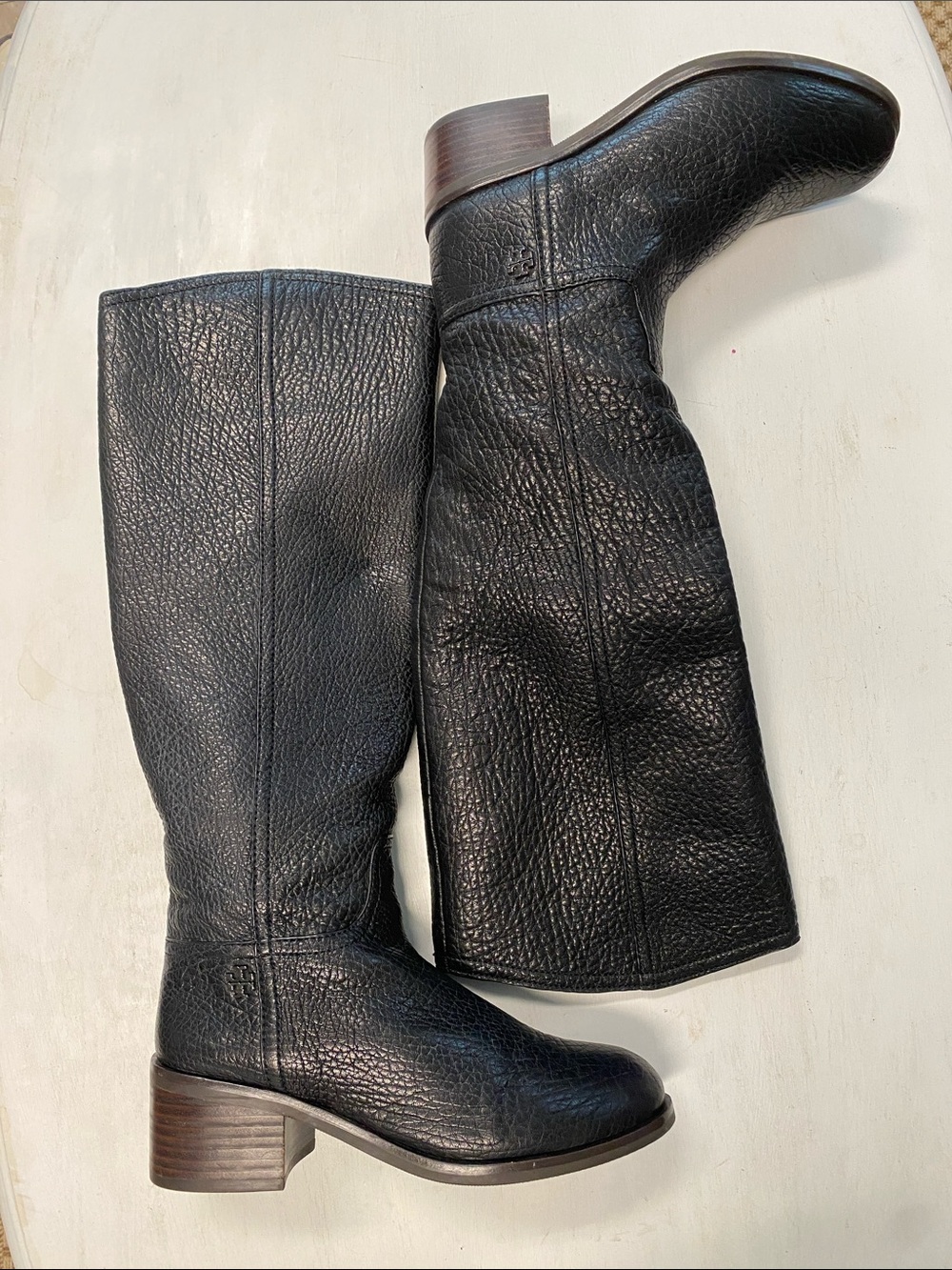 Tory Burch black pebbled knee-high riding boots